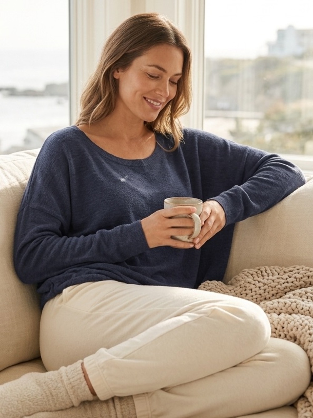 Barefoot Dreams CozyChic Ultra Lite Slouchy Pullover Cozy Lounge Sweater Blue L - Picture 14 of 15